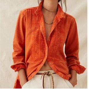 Anthropologie Pilcro Tuxedo Ruched Button Front Denim top in Orange Medium